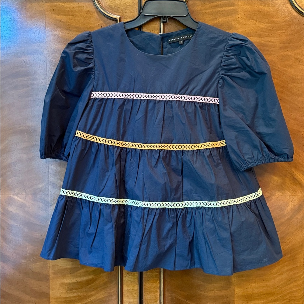 English Factory Size Small Navy Blue Puff Sleeve Top With Stripes